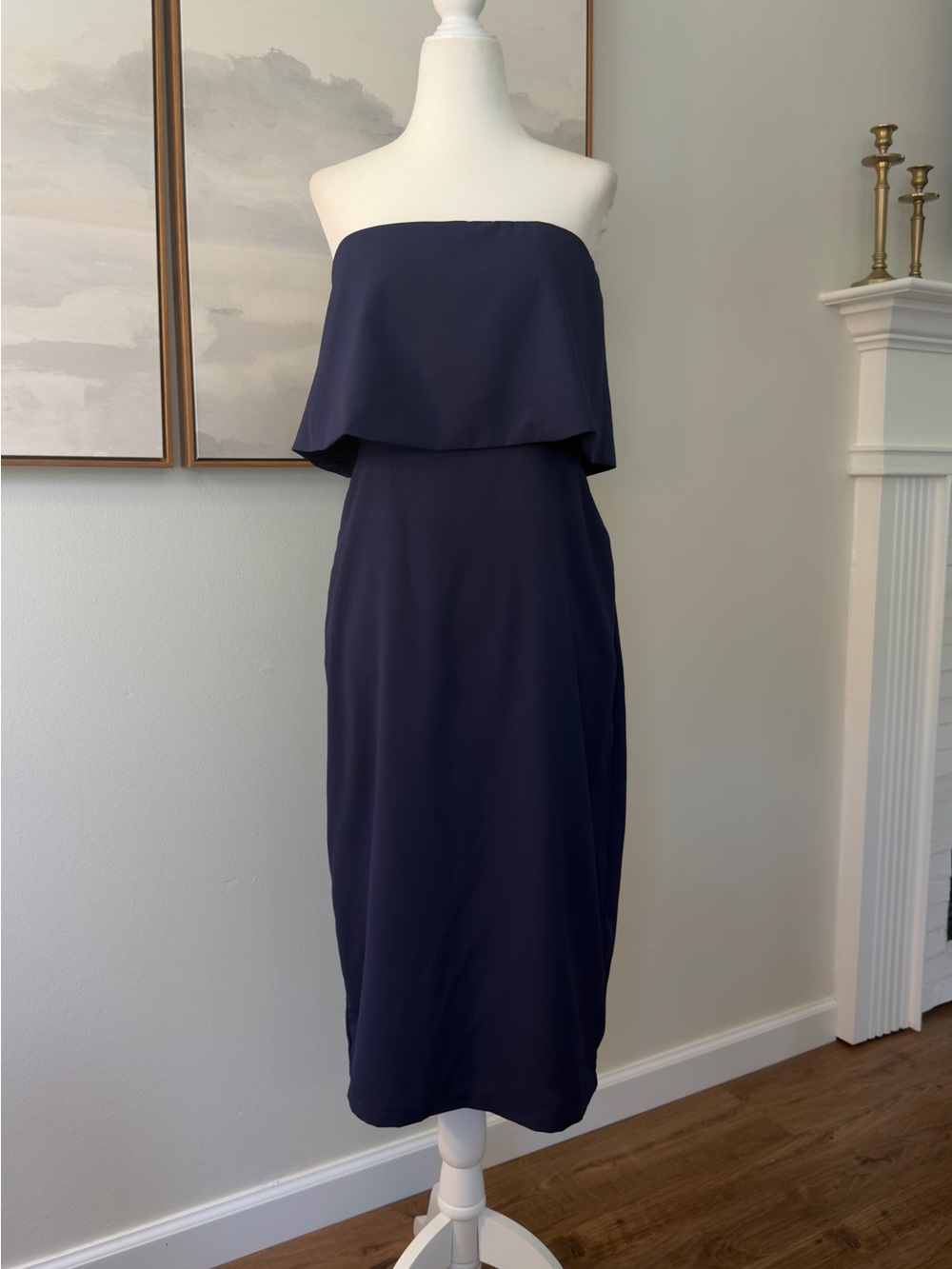Lulus Navy Strapless Cape Overlay Midi Dress | Cocktail Occasion